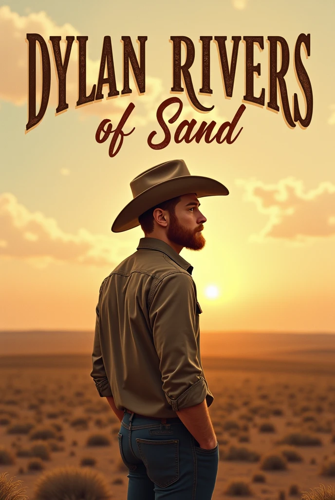 Cover for the song "Grain of Sand" de Dylan Rivers, redhead folk artist with defined body, with short beard and cowboy hat. The image shows a vast horizon and a setting sun. The rustic-style title font and soft lettering complement the song's intimate aura.. Dylan Rivers in the background, contemplating the horizon. The earthy and golden color palette conveys the simplicity and beauty of nature.