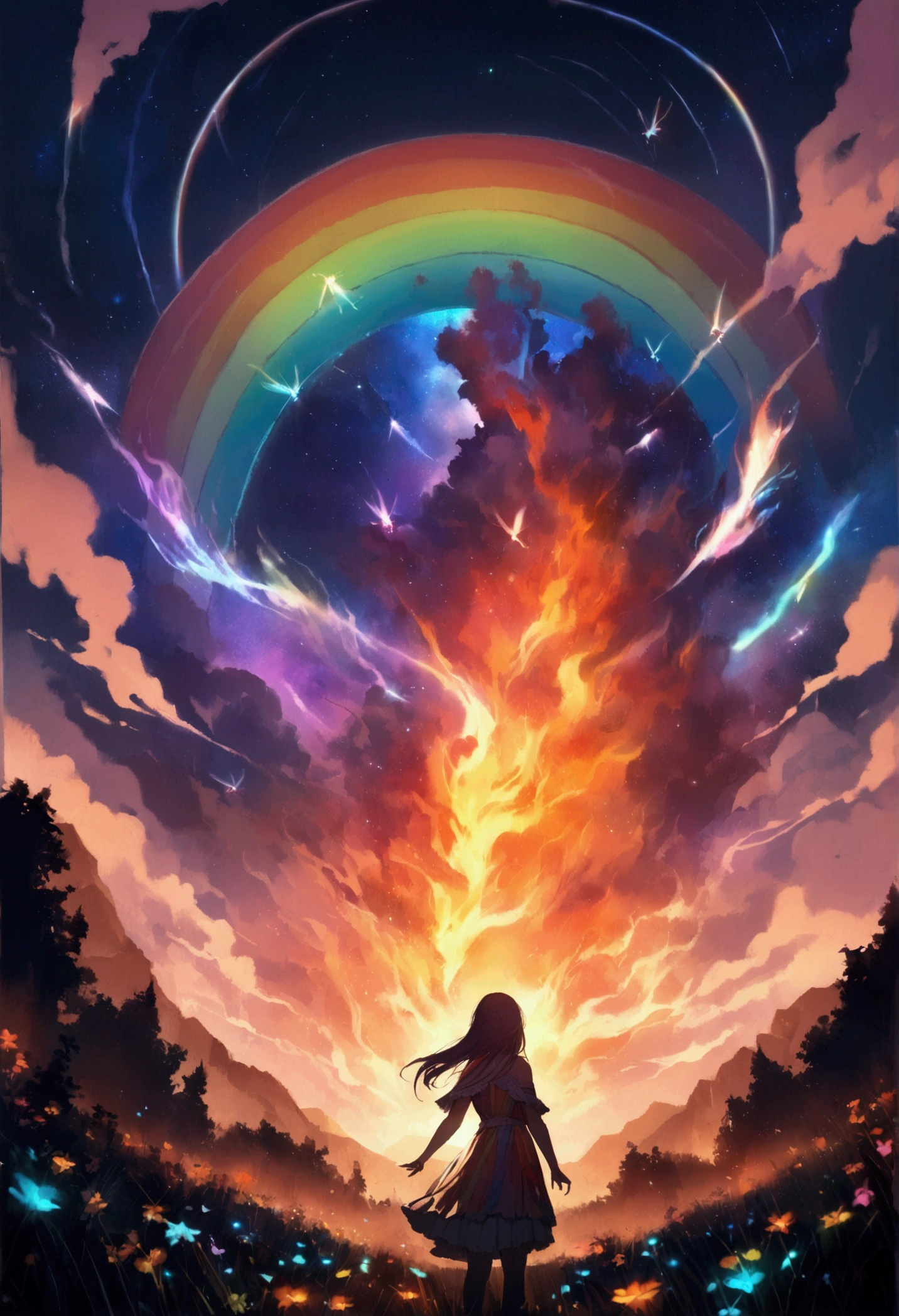 vast landscape photography, (seen from below, the sky is above、the fields are below), A girl standing in a flower field and looking up, (full moon: 1.2), (meteor: 0.9), (nebula: 1.3), distant mountain々 , tree BREAK craft art, (warm light: 1.2), (fire Fly: 1.2), light, lots of purple and orange, intricate details, volume lighting, Realism BREAK (masterpiece: 1.2), (highest quality), 4k, super detailed, (dynamic composition: 1.4), very detailed, colorful details, (Rainbow-colored: 1.2), (glow lighting, atmosphere lighting), dream-like, Magic, (alone: 1.2)