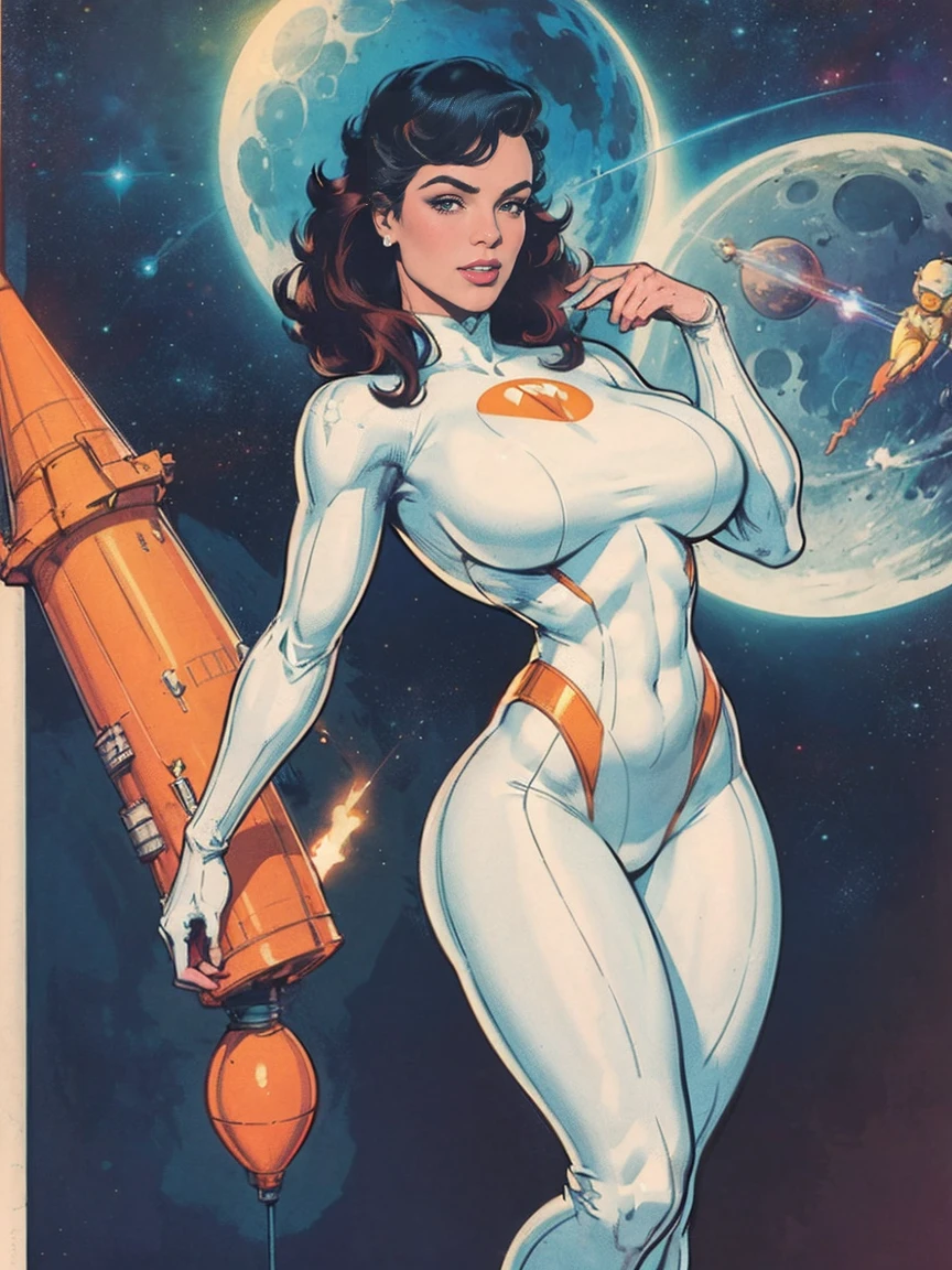 (masterpiece, top quality, best quality, official art, beautiful and aesthetic:1.2), (1girl:1.3), light freckles, fair skin, extremely detailed, portrait, looking at viewer, solo, (full body:0.6), detailed background, close up, (bright space pinup theme:1.1), busty 1950's pinup brunette space girl, charlatan, smiling, happy, mysterious, spacewalk, modest attire, white and orange space suit, spacesuit, helmet, bodysuit, ray gun, long boots, pouches, jetpack, glass helmet, rocket ship, ((((narrow hips, slim sexy body, gigantic breasts)))), slim waist, slim hips, long legs, futuristic (moon exterior:1.1) background, dark mysterious lighting, shadows, magical atmosphere, dutch angle,