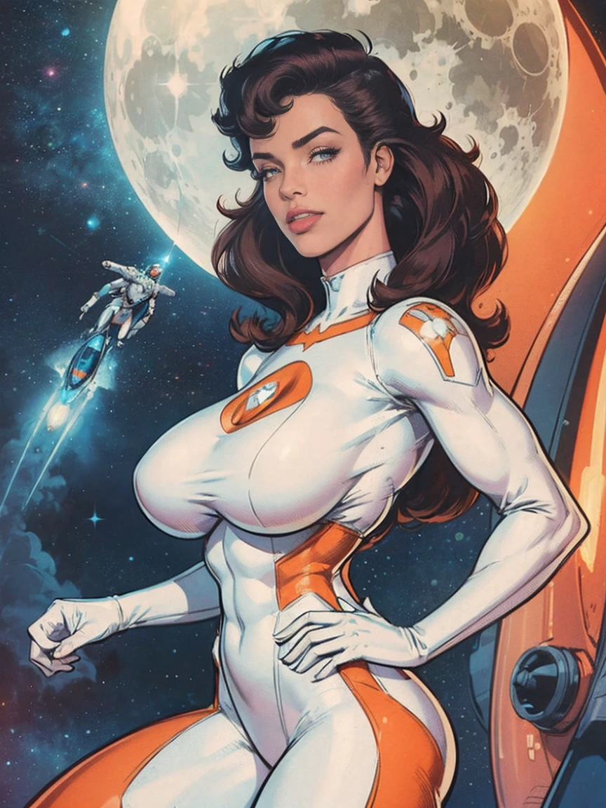 (masterpiece, top quality, best quality, official art, beautiful and aesthetic:1.2), (1girl:1.3), light freckles, fair skin, extremely detailed, portrait, looking at viewer, solo, (full body:0.6), detailed background, close up, (bright space pinup theme:1.1), busty 1950's pinup brunette space girl, charlatan, smiling, happy, mysterious, spacewalk, modest attire, white and orange space suit, spacesuit, helmet, bodysuit, ray gun, long boots, pouches, jetpack, glass helmet, rocket ship, ((((narrow hips, slim sexy body, gigantic breasts)))), slim waist, slim hips, long legs, futuristic (moon exterior:1.1) background, dark mysterious lighting, shadows, magical atmosphere, dutch angle,