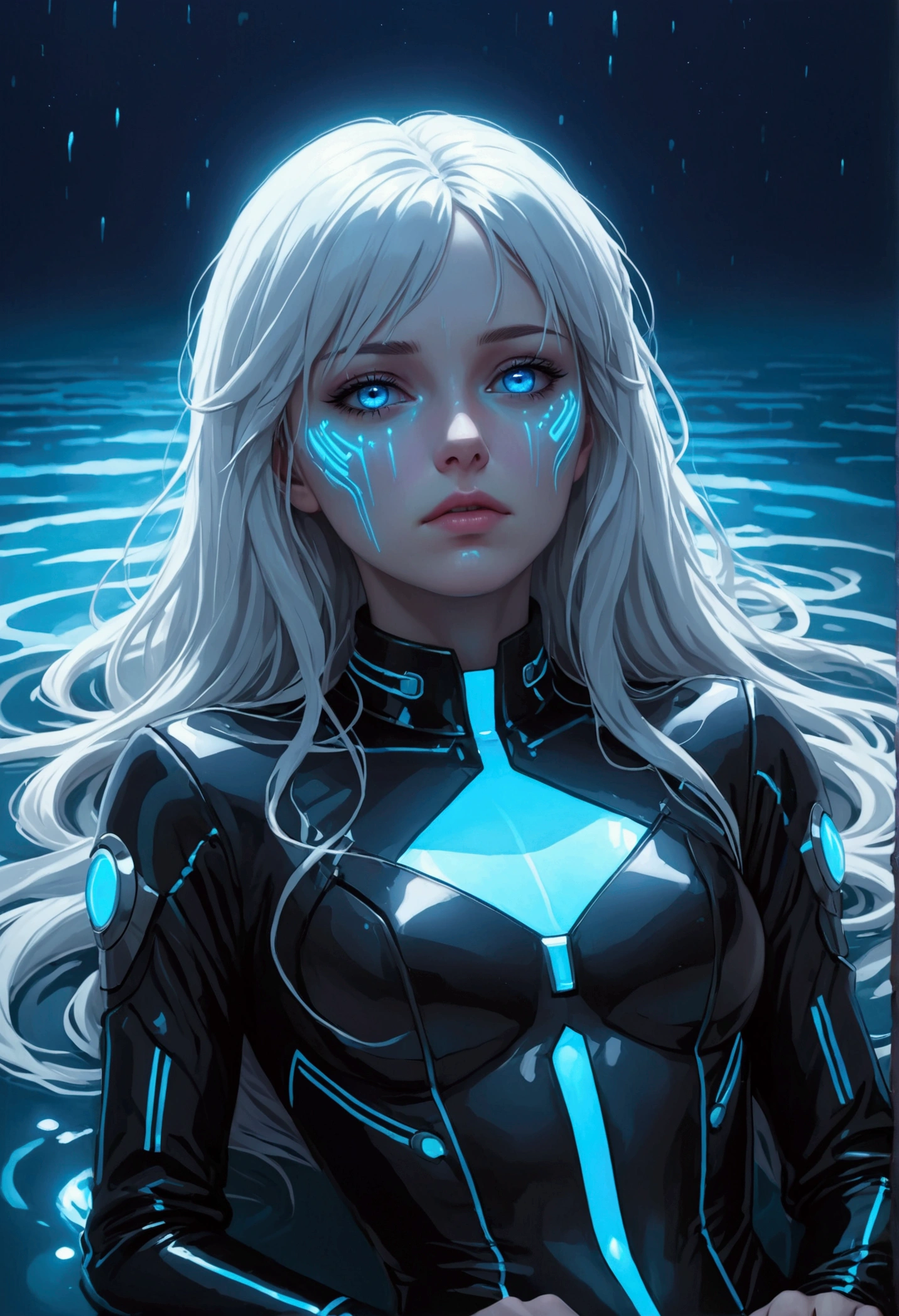 ((best quality)), ((masterpiece)), (detailed), (total body), perfect face, a beautiful woman with white long hair and a sky blue reflection, she has a tufted fringe, she has sky blue eyes, she has total black cyber suit clothes with some neon sky blue lights on it, cyber line on her face, she is sad she is suffering and dying lying in the water in a pond, in the night with skyblue lights, total body.