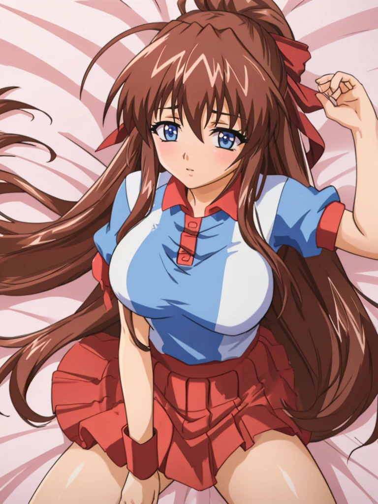 (Anime artwork, Anime Style, Studio Anime, Very detailed, Latest, Vibrant, Anime Coloring Book, High Contrast, masterpiece:1.2, Highest quality, Best aesthetics), (Beautiful and detailed:1.2), Aoi Tennis, 1 person, Hair Ribbon, Tennis uniform, Polo shirt, Raglan sleeves, Pleated skirt, Red Skirt, blush, Lips parted, liar, On the bed, Pink Good, grabbing own breasts, From above, Skirt Lift, No pants,White knee socks,Asymmetrical bangs, Perfect Proportions, Skin with attention to detail, cute, Detailed face,