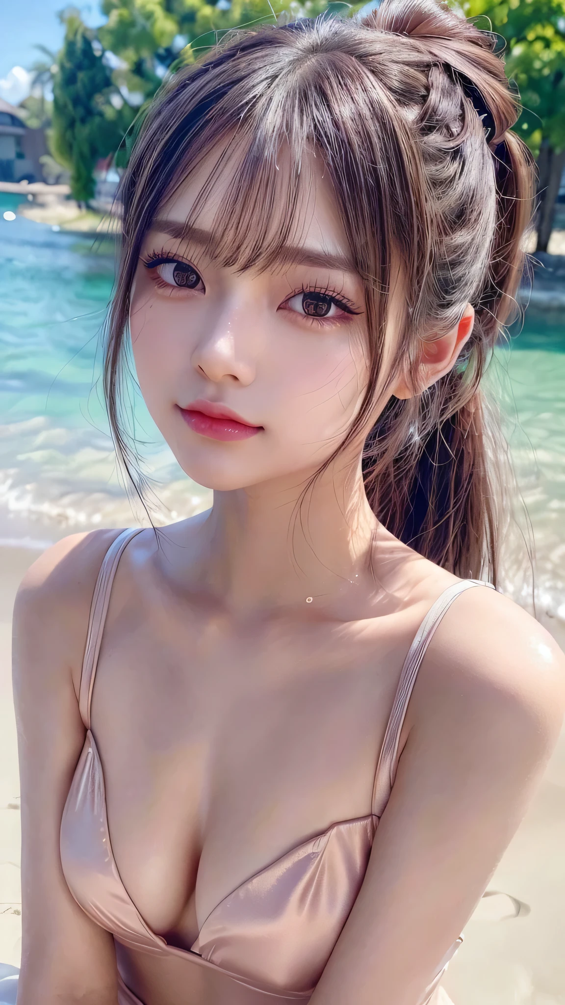 body shot,Outdoor,Pink micro bikini,resort Beach,Ultra-detailed, finely detail, hight resolution, 8K Wallpaper, Perfect dynamic composition, Beautiful detailed eyes,,Close-up of face,,Blushing,Facing forward,Long hair ponytail,((8k, Raw photo, Best Quality, Mastepiece:1.2), (Realism, Photorealistic:1.4), (Highly detailed 8K wallpapers), Depth of written boundary, Cinematic Lighting, Soft Light, Detailed Beauty Eye,Shiny and smooth light brown ponytail, Asymmetrical bangs, Shiny skin, Ultra-detailed skins ,It is high resolution., High detail, Detailed hairstyle, Detailed facial beauty, Hyper-realistic, Perfect limbs, Perfect Anatomy ,Of Japanese,Famous Japanese Idols, Perfect female body,A shy smile,Short eyelashes,Double-edged eyelids,Look straight here,Hair style: ponytail,