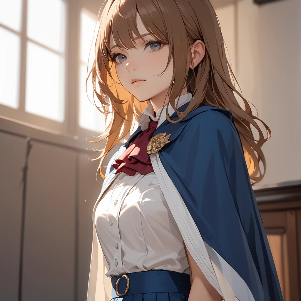 (masterpiece, best quality:1.2), cowboy shot, solo, 1girl, charlotte aulin, expressionless, closed mouth, looking at vewer, ascot, capelet, skirt, blue thighhighs