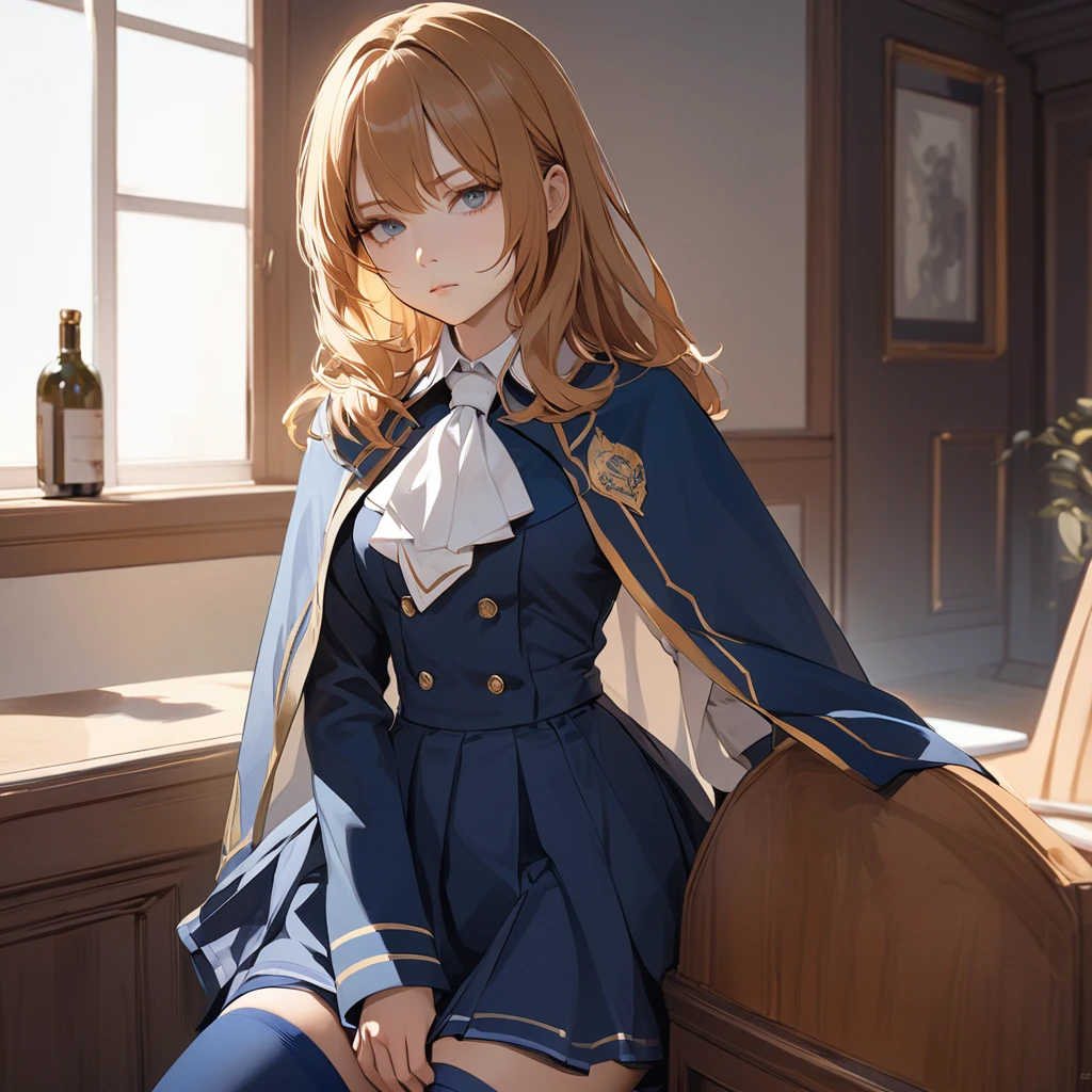 (masterpiece, best quality:1.2), cowboy shot, solo, 1girl, charlotte aulin, expressionless, closed mouth, looking at vewer, ascot, capelet, skirt, blue thighhighs
