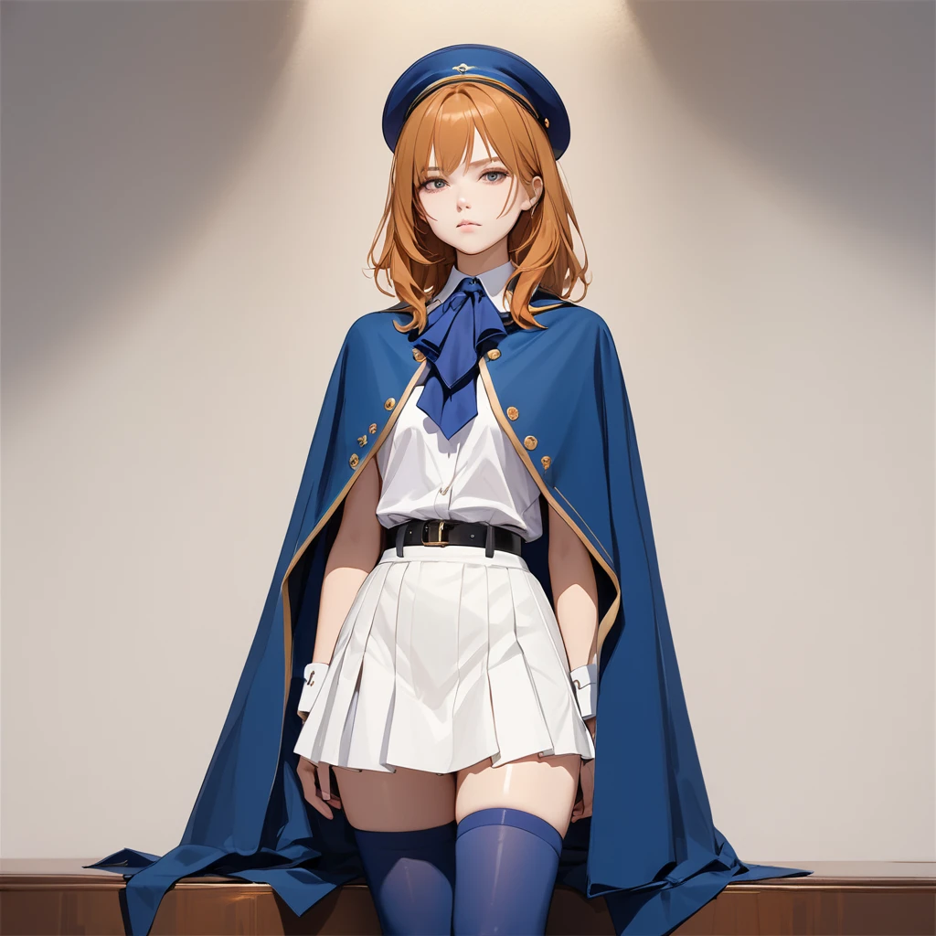 (masterpiece, best quality:1.2), cowboy shot, solo, 1girl, charlotte aulin, expressionless, closed mouth, looking at vewer, ascot, capelet, skirt, blue thighhighs