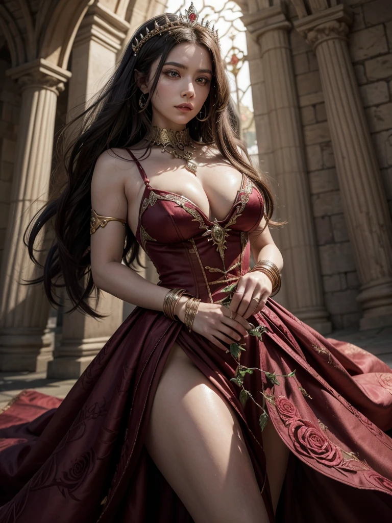 If Rosemon were a human in a medieval world, she would be a powerful and enigmatic queen or sorceress who rules with a combination of charm and strength. Dressed in a majestic gown adorned with rose patterns and jewels in shades of red and gold, she would exude a mesmerizing beauty that could both charm and intimidate. In her hands she would hold a whip of thorny vines, which she would use both to protect her kingdom and to punish enemies with lethal precision. Her magic would be deeply connected to nature, able to control plants and flowers to attack or heal, and her imposing presence would be revered by allies and feared by adversaries. Rosemon would be a figure of grace and power, symbolizing the dangerous delicacy of a rose in a medieval setting.
