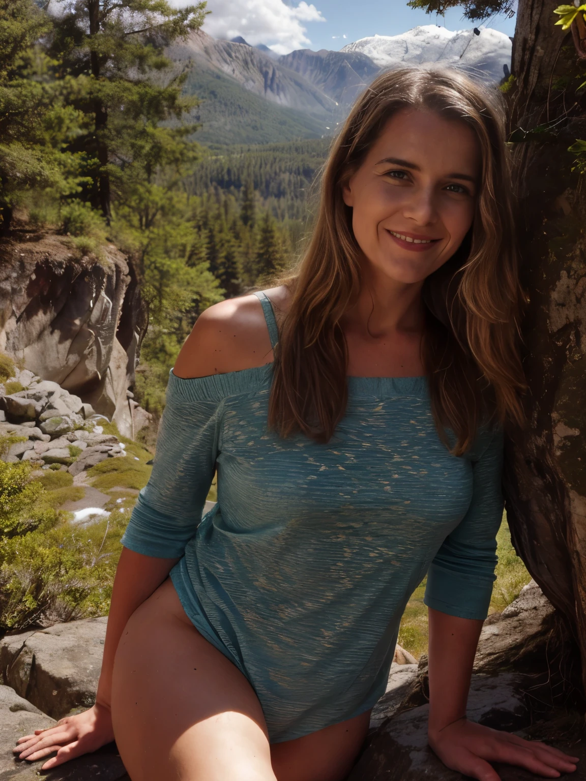 Michelle Monaghan sitting on a rock with moss showing her butt completely naked and smiling