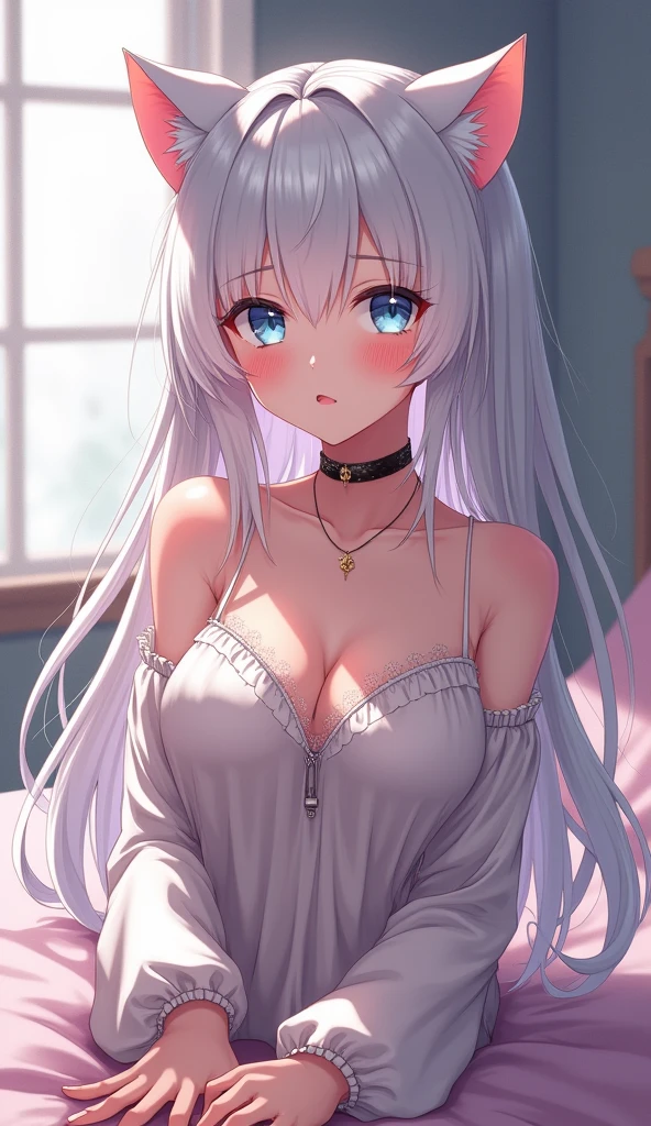 one girl, anime style, cat ears, off shoulder, medium breasts, shy, blush, navel, choker, obedient, white long hair, light blue eyes, long sleeve, on bed