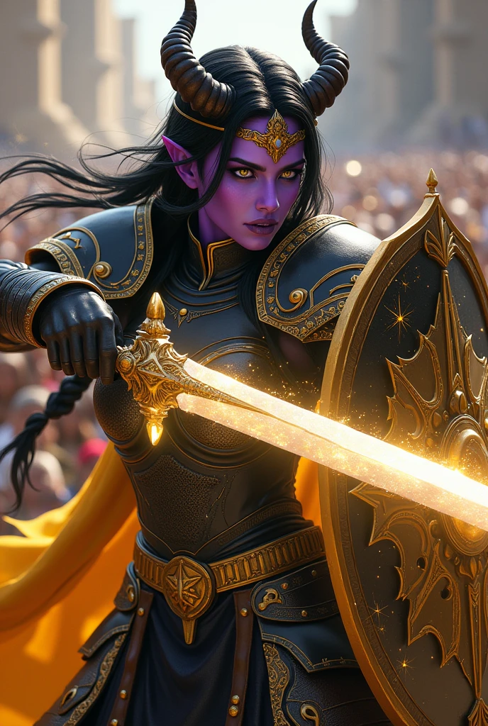 ((armored female paladin, battle worn gloss black lacquered armor:1.4, gold filigree, etched, gold cloak, (((((purple skin Tiefling, black ram horns))), [glossblack hair:dark hair:0.8]))), heterochromia purple eye, gold eye, blackout eyeshadow, iron tiara), braids, BREAK, (((glowing radiant white star engraved sword, shield, sparks, windy))), outdoor, intense sunlight, background crowded arena, dynamic battle pose
