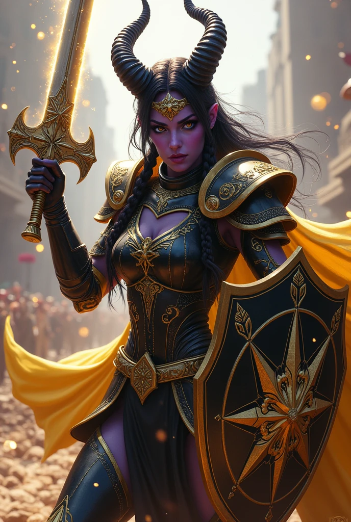 ((armored female paladin, battle worn gloss black lacquered armor:1.4, gold filigree, etched, gold cloak, (((((purple skin Tiefling, black ram horns))), [glossblack hair:dark hair:0.8]))), heterochromia purple eye, gold eye, blackout eyeshadow, iron tiara), braids, BREAK, (((glowing radiant white star engraved sword, shield, sparks, windy))), outdoor, intense sunlight, background crowded arena, dynamic battle pose

