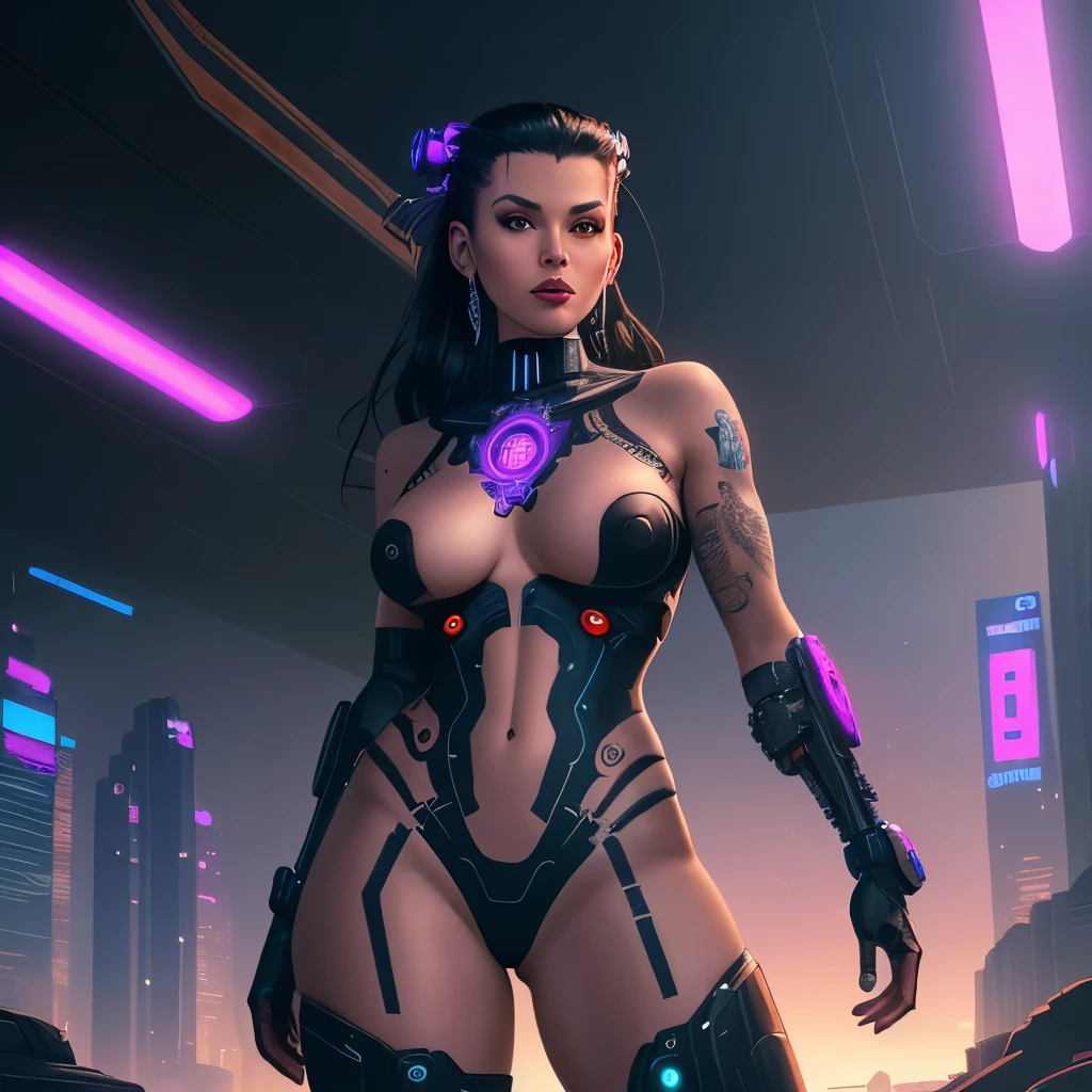 Ultra-realistic full-length image of a woman with tattoos on her body, digital airbrush art in the etherpunk style, beautiful cyborg girl in the pin-up style, evil magnificent goddess in the cyberpunk style, seductive dark fantasy in the cyberpunk style, digital airbrush art, cyborg girl, beautiful biomechanical genie, black-haired girl in the cyberpunk style, Cyberpunk by Judy Alvarez, full-color digital illustration, art cover illustration: Cyborg Goddess in Space