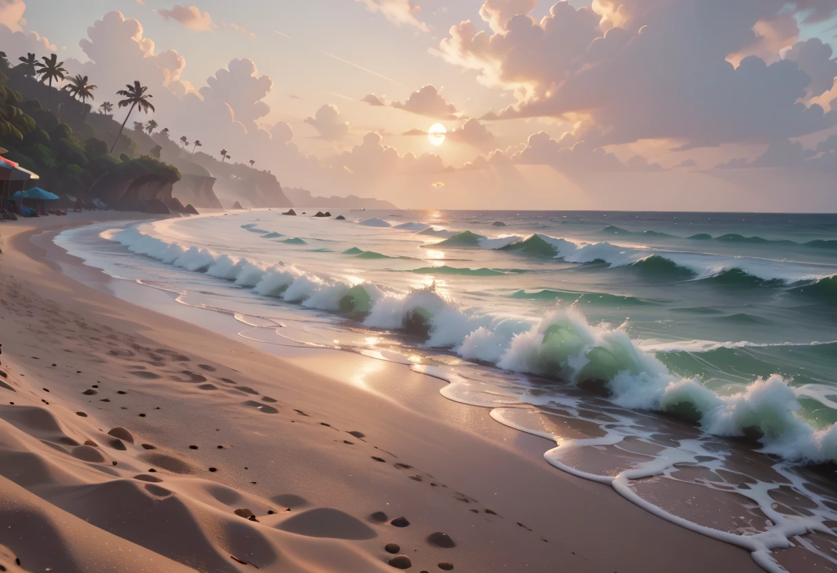 dark beach, dark sand, foggy, summer, green ocean, masterpiece quality, ultra HD, 4K, best quality