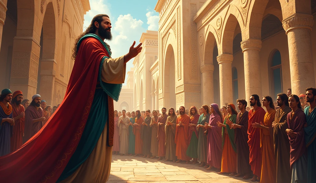 An image of a minor prophet in an ancient city, surrounded by people listening to your words. The environment is vibrant, with stone buildings and bright colors. The scene conveys a feeling of hope and transformation.
