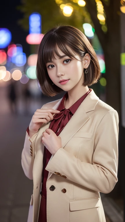 (8k, RAW Photos, Highest quality, Tabletop:1.2), (Realistic, Photorealistic:1.37),One Girl, Professional Lighting, Photon Mapping, Radio City, RAW Photos、(Photorealistic:1.4)、Octane Rendering、Complex 3D rendering with ultra-detail, Studio Soft Light, Rim Light, Vivid details, Super Detail, Realistic skin texture, Detailed aspect, Beautiful details in the eyes, Highly detailed CG Unity 16k wallpaper, compensate, (Detailed Background:1.2),huge 、Highest quality, Ultra-high resolution, Tabletop, One Girl,Brown Hair,(short hair), 20-year-old,((Office Lady Suits)), Cute Face、((evening、Tree-lined street))、Nogizaka Idol、Chinese Idol、Japan is an idol