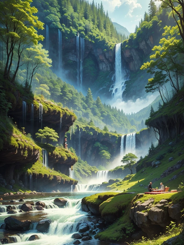 In a giant forest，masterpiece，barbecue，Super high-end ingredients，steak，waterfall，river，meat，Paradise，romantic，Drink，bridge，mysterious，Fantasy，perfection