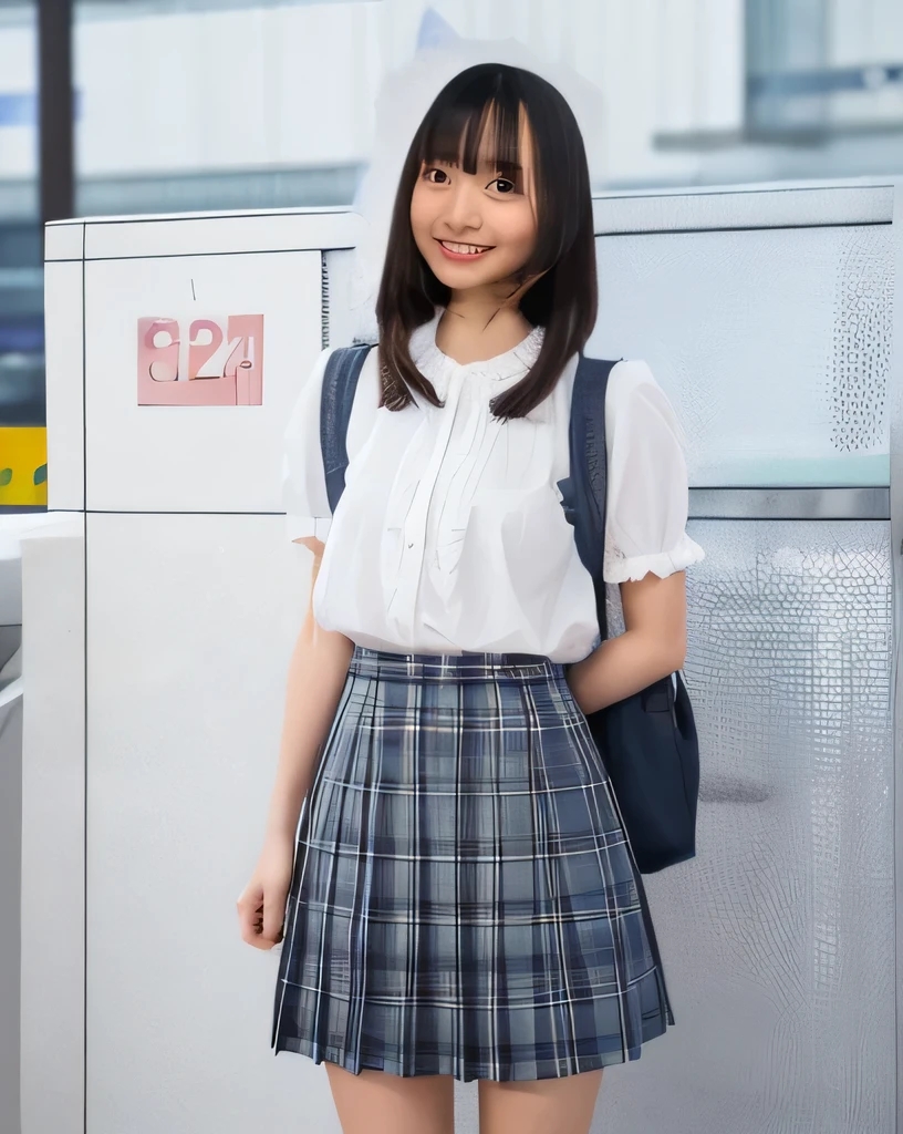 Highest quality,Super detailed,A high school girl looking at the ticket gate at Shibuya Station,Turning to the side and looking at me,Wearing a white short-sleeved blouse,Pleated skirt with dark blue plaid pattern,Carrying a cute black backpack,The background is blurred,Well-balanced proportions,Model-like pose