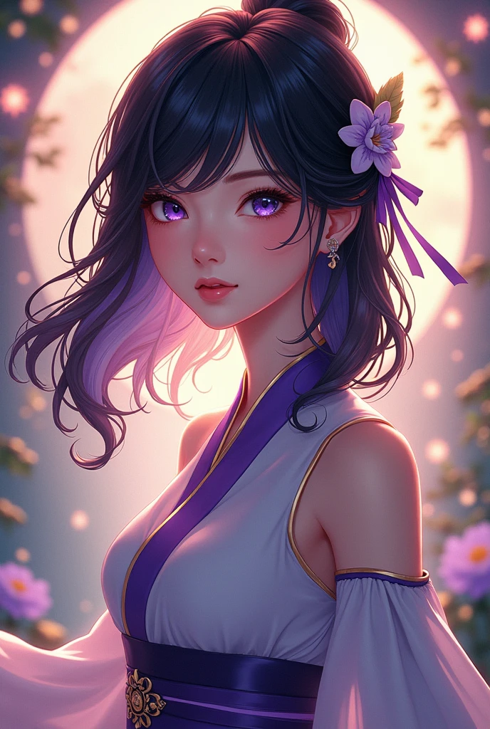 A young lady with Malaysian features, black medium length hair and amethyst eyes in genshin art style