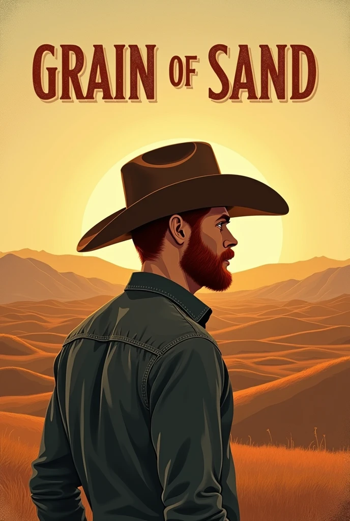 Cover for the song "Grain of Sand" de Dylan Rivers, redhead folk artist with defined body, with short beard and cowboy hat. The image shows a vast horizon and a setting sun. The rustic-style title font and soft lettering complement the song's intimate aura.. Dylan Rivers in the background, contemplating the horizon. The earthy and golden color palette conveys the simplicity and beauty of nature.