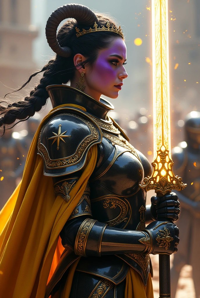 ((portrait, upper torso, armored female paladin, battle worn gloss black lacquered armor:1.4, gold filigree, etched, gold cloak, (((((purple skin Tiefling, black ram horns))), [glossblack hair:dark hair:0.8]))), blackout eyeshadow, iron tiara), braids, (((glowing radiant white star engraved sword, shield, sparks, windy))), outdoor, intense sunlight, background crowded arena, dynamic battle pose
