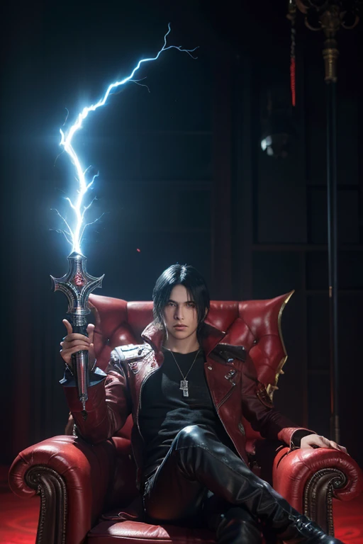 create Dante's son with Lady, Devil May Cry game design, teenager with rebellious style (his version in devil trigger in background) limbo background, Dante's son is sitting on a throne holding a lightning sword, realistic ultra, 4k, hdr, vfx, perfect hair, perfect hands, perfect facial expressions, perfect eyes, Dante's son has an aura of power around him, no anomalies, shadow realistic, perfect lights in body, badass face, perfect hair, black hair, ((stunning visual effects, ArtStation, vfx, very beautiful graphics, CG), highest quality, masterpiece, dof, artistic lighting, rimlight), RAW, best quality,extremely detailed eyes