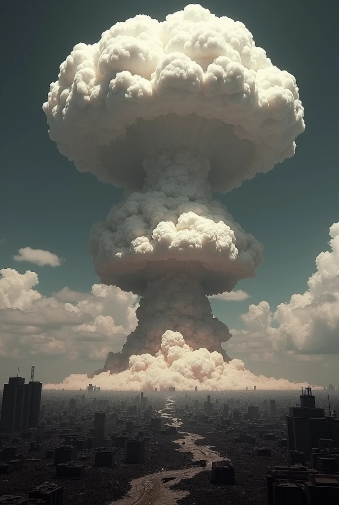 A powerful image of the atomic bomb explosion over Hiroshima. The iconic mushroom cloud dominates the scene, with a striking contrast between the bright explosion and the dark, devastated landscape below.
