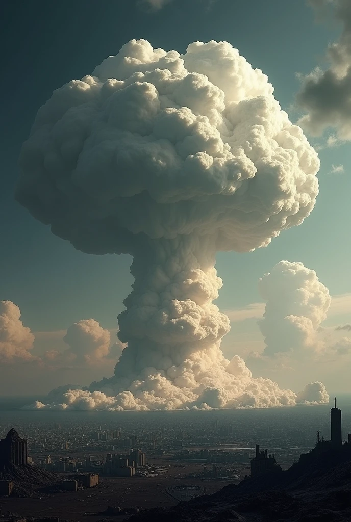 A powerful image of the atomic bomb explosion over Hiroshima. The iconic mushroom cloud dominates the scene, with a striking contrast between the bright explosion and the dark, devastated landscape below.