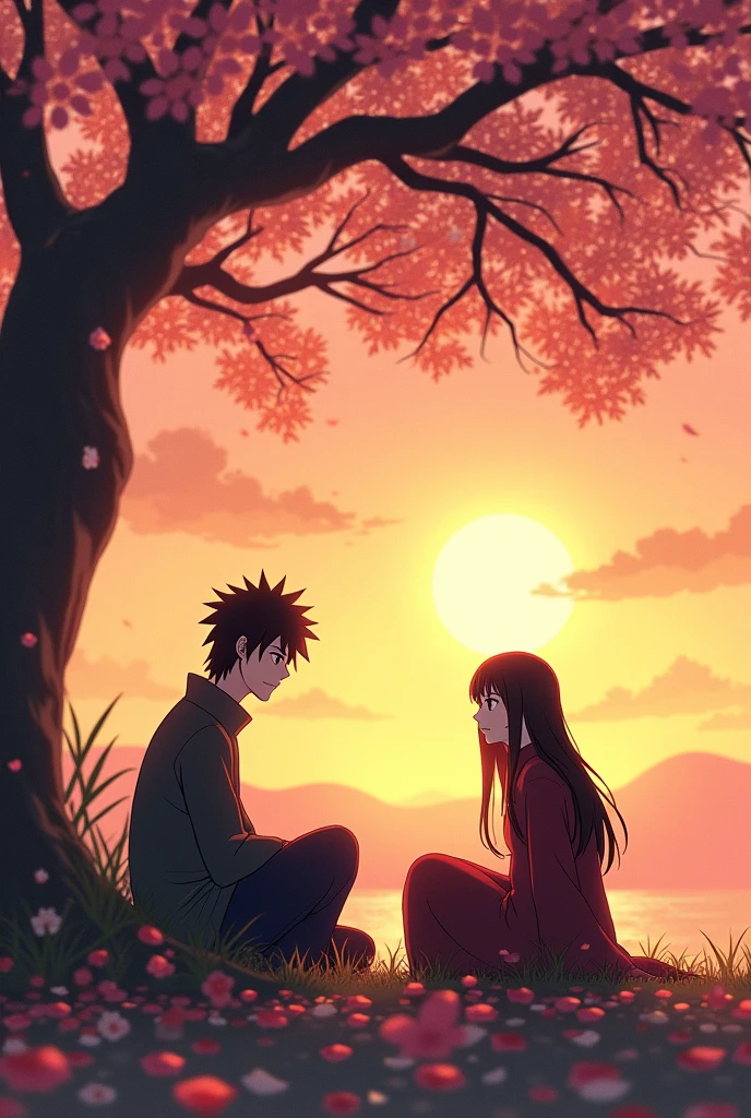 Shisui and Kurenai Uchiha having a casual conversation under a peach tree during a sunset