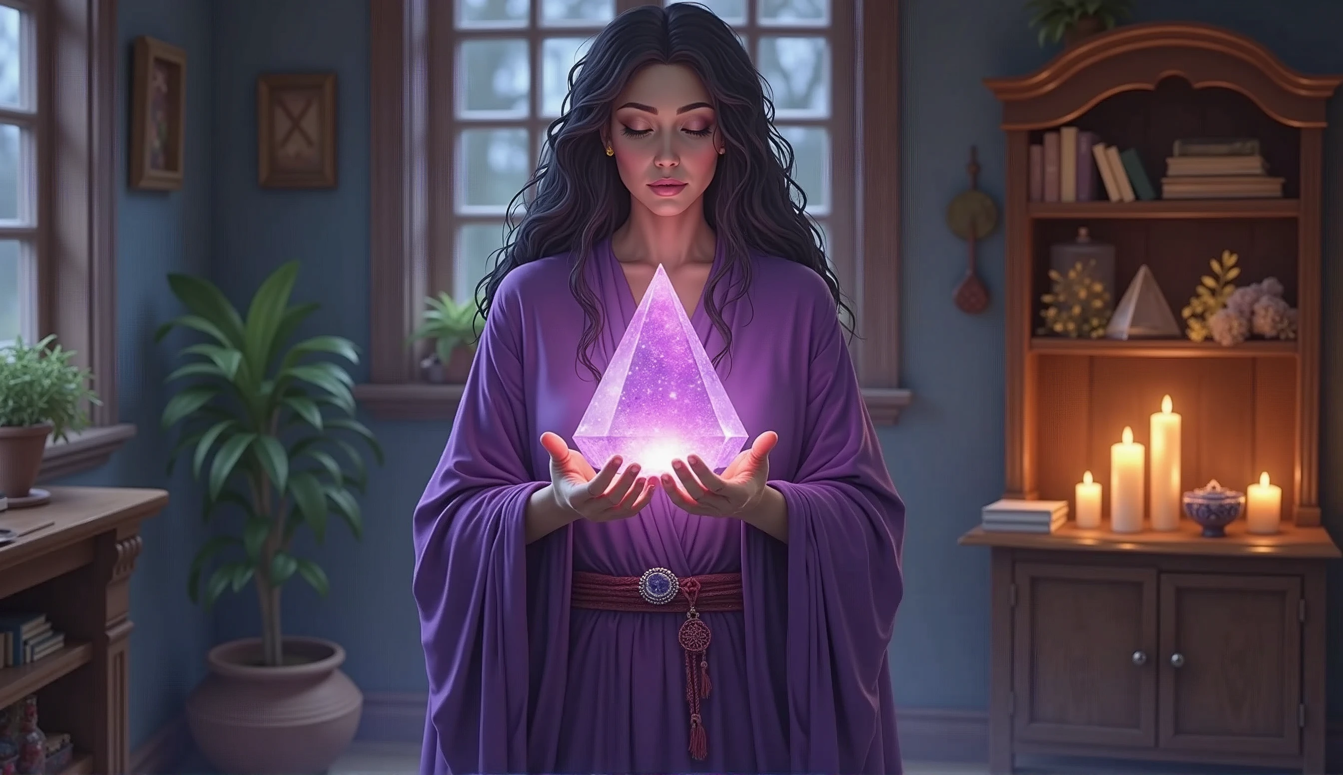 mulher com capa violeta de sacerdotisa energizando sua casa com crystals ALTOS, IN your hands with 5 fingers each hand, large pyramid shaped crystal, convey depth, in the background a cupboard with various aromatic herbs, in the scene small lit candles, crystals