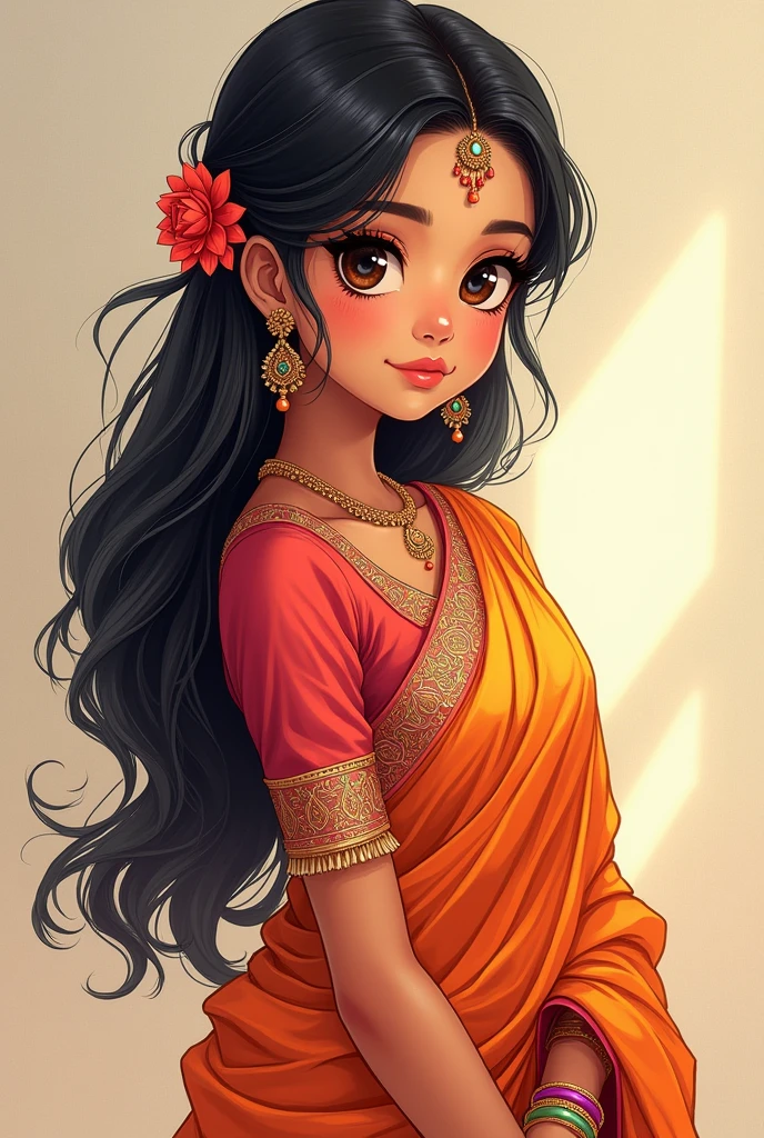 Generat a simple indian anime girl wearing saree upper body for drawing 