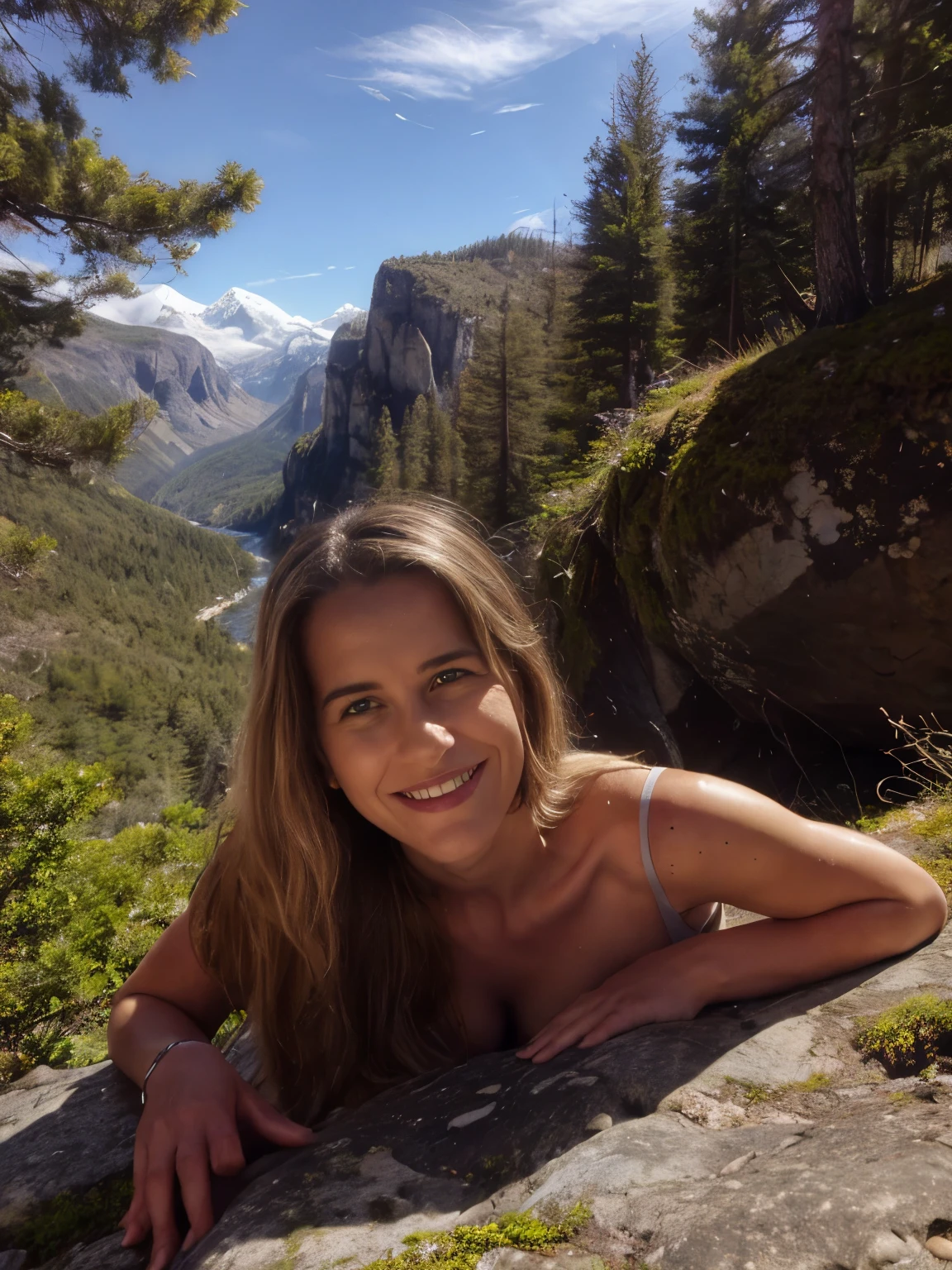 A happy smiling blond woman in front near camera sitting comfortable relaxed on a rock enjoying the view, now actively climbing a vertical mountain wall in the high mountains,pine trees, spruce trees, patches of alpine moss, small alpine wildflowers, tufts of hardy grass, jagged granite rocks, limestone cliffs, quartz veins in the rock, lichen-covered boulders, steep rocky ledges, ferns growing in crevices, mountain goats grazing in the distance, small streams trickling down the mountain, glacial erratics, distant snow-capped peaks, rocky outcrops, mountain laurel bushes, rhododendron shrubs, scattered fallen pine needles, weathered tree stumps, tree roots exposed on the surface, wild blueberries, hawks soaring overhead, eagles circling above, juniper bushes, old tree branches, cracks in the rock face, shadows cast by clouds, distant waterfalls, scree slopes, low-lying fog in the valley, distant river winding through the valley, dense forest below, mountain meadows, patches of snow on higher peaks, wild strawberries, worn climbing paths, small rock cairns, loose gravel on the ledge, rustling leaves from the wind, old climbing ropes left behind, distant climber tents, glacial moraine, small pebble patches, birch trees in the valley, oak trees on the lower slopes, mountain ash trees, shadows of passing birds, layers of sedimentary rock, distant grazing cattle, echoes of distant bird calls, faint trails of smoke from a campfire, small rock slides, distant mountain huts, and tree lines marking the edge of the forest. she is having fun, maling funny poses dependent to the locatiion/scene. dseductive blond woman smiling happy