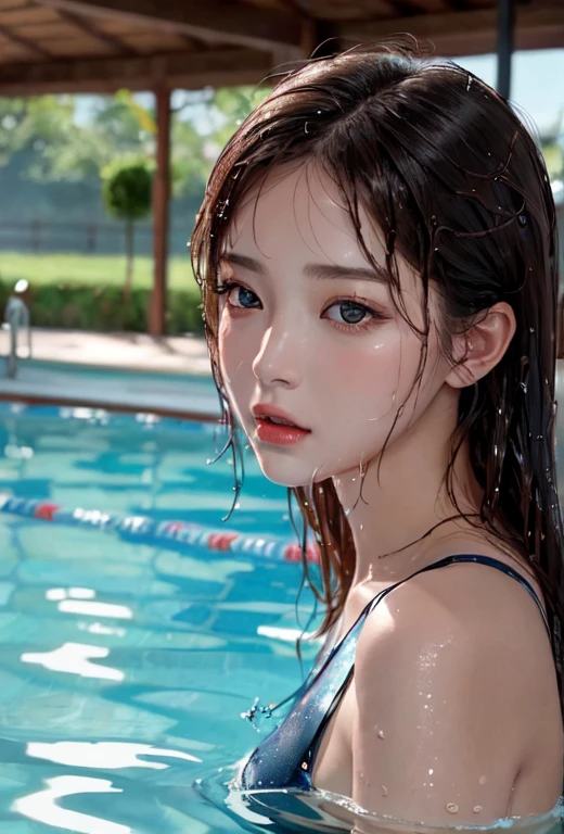 (Beautiful woman with wet hair in swimming pool_delicate eyes, nose, mouth), (Close up angle_검은색 수영복을 mouth고 넓은 테라스에서 여유로운 시간을 보내는 모습), The interior is quiet and peaceful with bright movie lighting. . surreal, realistic detailed, best quality, high quality, detailed, masterpiece, 8k,