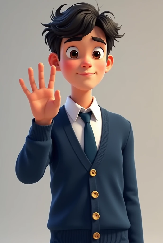GENERATE A STUDENT pixar open sweater with buttons DARK BLUE, DARK BLUE TIE AND WHITE SHIRT WITHOUT JACKET showing something with his hand
