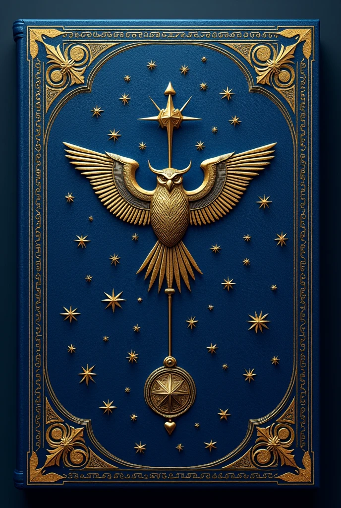 Indigo blue cover with yellow stars all over the cover with celestial constellations, Ancient Greek clock symbol and owl symbol on the cover photo in the novel