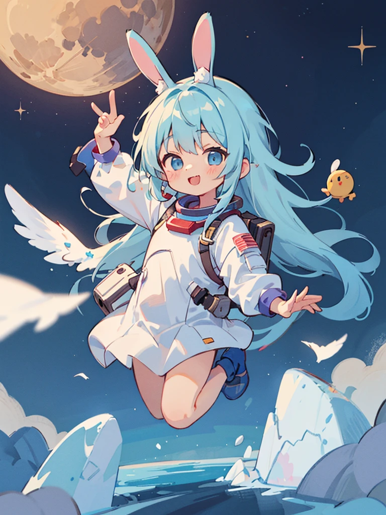((Very detailed)), ((Ultra-high resolution)), From above {character}(alone:1.5), One Girl, Jumping on the moon, , cute, cute, Grateful smile, Happy, Jumping, Holds large 🍡, astronaut, Spacesuit, The beautiful earth shines on your back, Crystal Sparkle, Aurora in the night sky
{Hairstyle} Long Hair, (Light blue hair:1.2), 水色のrabbitの耳, Fluffy hair in the ears, (Ultra Detail White Wings:1.4), rabbit, 🍡, extended 🍡, heart,