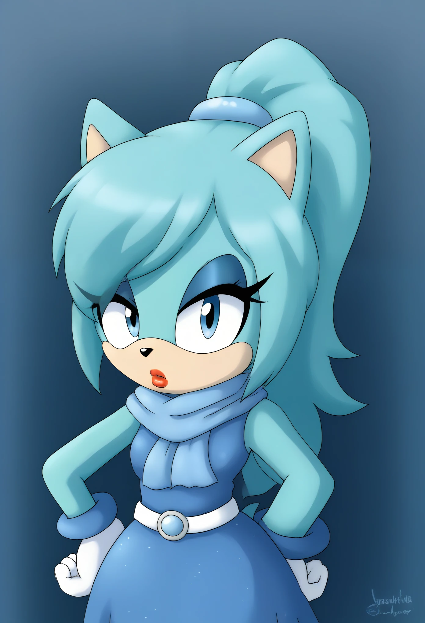 (1girl), (solo), Female Hedgehog, Bulma Briefs hairstyle, aqua fur, aqua hair, long hair, fringe_trim styled hair bangs, blue eyes, medium bust, blue dress, white bandanna-like scarf, sleeveless, white belt with small white bag attached on the side, makeup, lipstick, eyelashes, puzzled expression, hand on hip, outdoors, daytime, mobian, mobius city