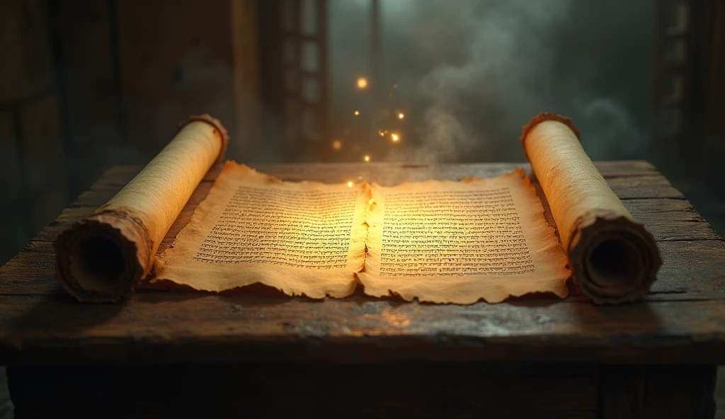 An ancient scroll open on a table, with visible Hebrew letters. Ao fundo, a soft light illuminates the environment, creating an atmosphere of mystery and knowledge. The palette of colors is earthy and rich.