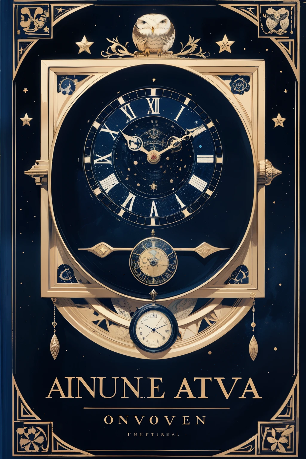 An indigo blue casing with yellow stars all over the cover with celestial towers, an ancient Greek clock symbol and an owl symbol in the picture  
Cover in novel