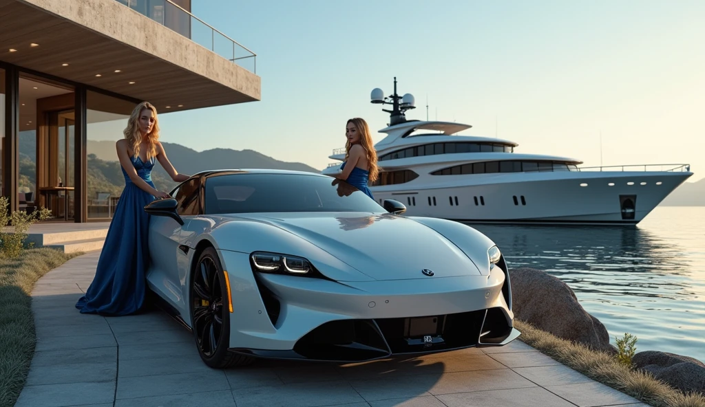 CREATE AN ULTRAREALISTIC IMAGE showing a young BALD MAGICIAN next to a yacht with luxurious sports cars, with women leaning against cars on all fours, BEAUTIFUL PARKED NEXT TO DOLLARS NEXT TO, convey depth, IN THE BACKGROUND A BEAUTIFUL MANSION with modern architecture, WITH 2 HOT ELEGANT WOMEN NEXT TO A PEARL WHITE BMW AND A HANDSOME YOUNG WIZARD IN BLUE CLOTHES AND FULL OF JEWELS, PERFECT WIZARD HANDS WITH 5 FINGERS. Emphasize richness and sensuality, show a lake next to it with yacht