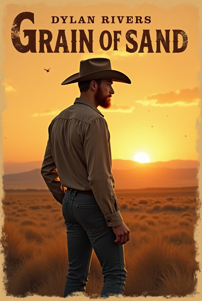 Cover for the song "Grain of Sand" de Dylan Rivers, redhead folk artist with defined body, with short beard and cowboy hat. The image shows a vast horizon and a setting sun. The rustic-style title font and soft lettering complement the song&#39;s intimate aura.. Dylan Rivers in the background, contemplating the horizon. The earthy and golden color palette conveys the simplicity and beauty of nature.