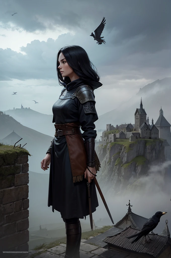 female warrior seen in the distance on top of a medieval watchtower. cloudy and foggy weather in the background. a small village is seen just below. crows flying in the background. dark and obscure atmosphere. great quality painting style art.