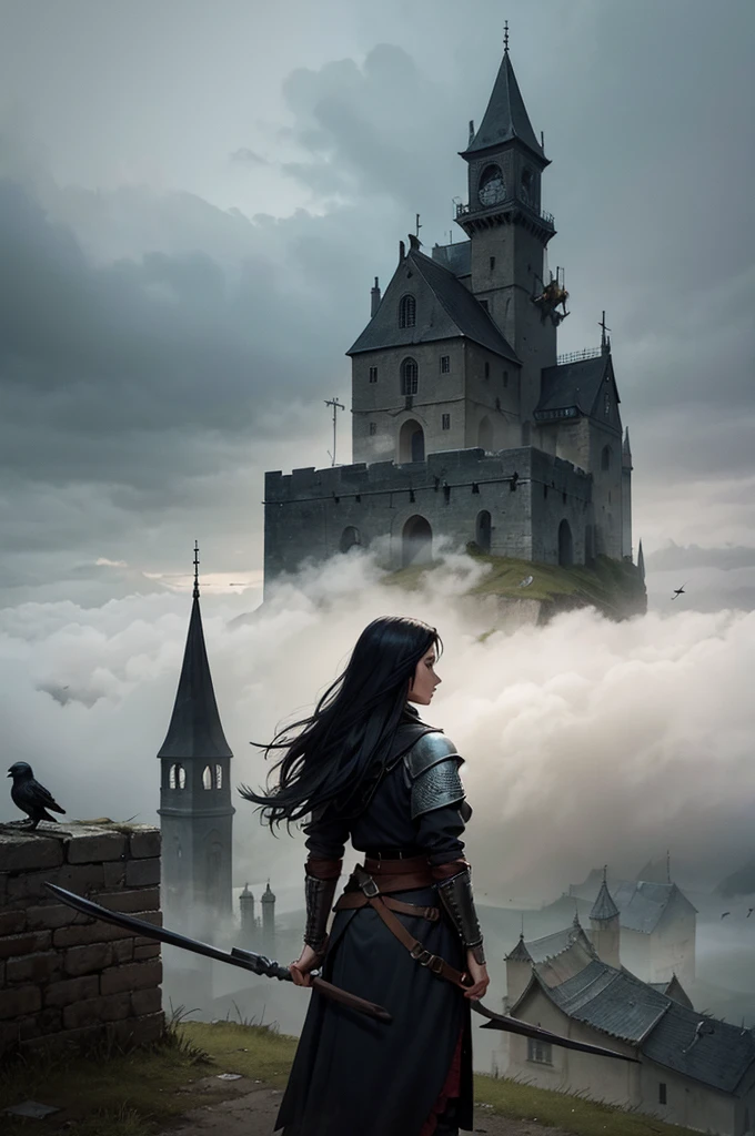 female warrior seen in the distance on top of a medieval watchtower. cloudy and foggy weather in the background. a small village is seen just below. crows flying in the background. dark and obscure atmosphere. great quality painting style art.