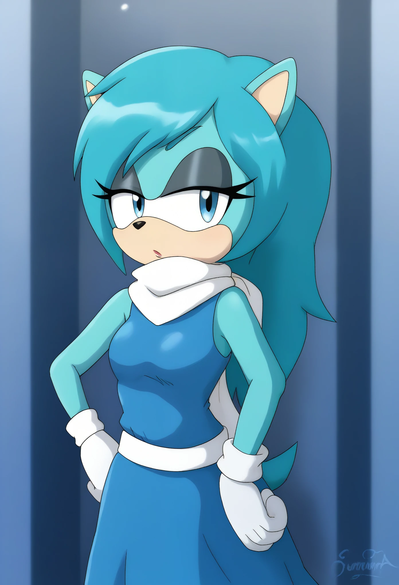 (1girl), (solo), Female Hedgehog, Bulma Briefs hairstyle, aqua fur, aqua hair, long hair, hair down, fringe_trim styled hair bangs, blue eyes, medium bust, blue dress, white bandanna-like scarf, sleeveless, white belt with small white bag attached on the side, makeup, light on the lipstick, eyelashes, one hand on hip, outdoors, daytime, mobian, mobius city