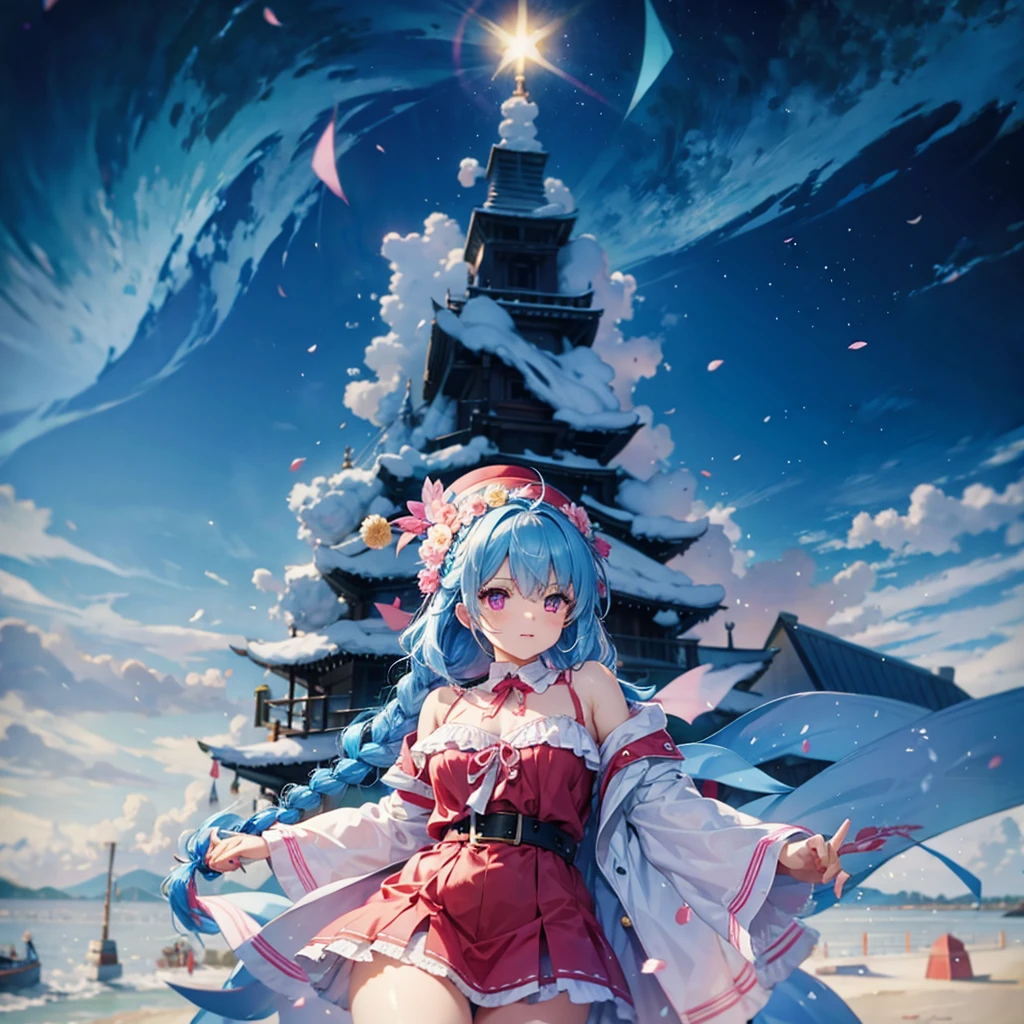 (Sky blue hair),(Braided hair), (Pink Eyes),Fair skin) ,(whole body),(one person's),(Santa Claus clothes),(Christmas tree),(A world of silver),(masterpiece, Highest quality, Very detailed, Best Shadow), (Detailed Background), (Beautifully detailed face), High Contrast, (Best lighting, Very delicate and beautiful), ((Cinematic Light)), Hyper Detail,8k, Dramatic Light, Intricate details,night,