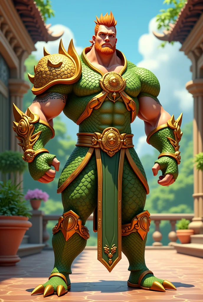 ais-trollz,animated style, ultra detailed, masterpiece, A tall, strong man with a copper ponytail wearing chartreuse dragon-themed armor with gold detailing. , in a patio