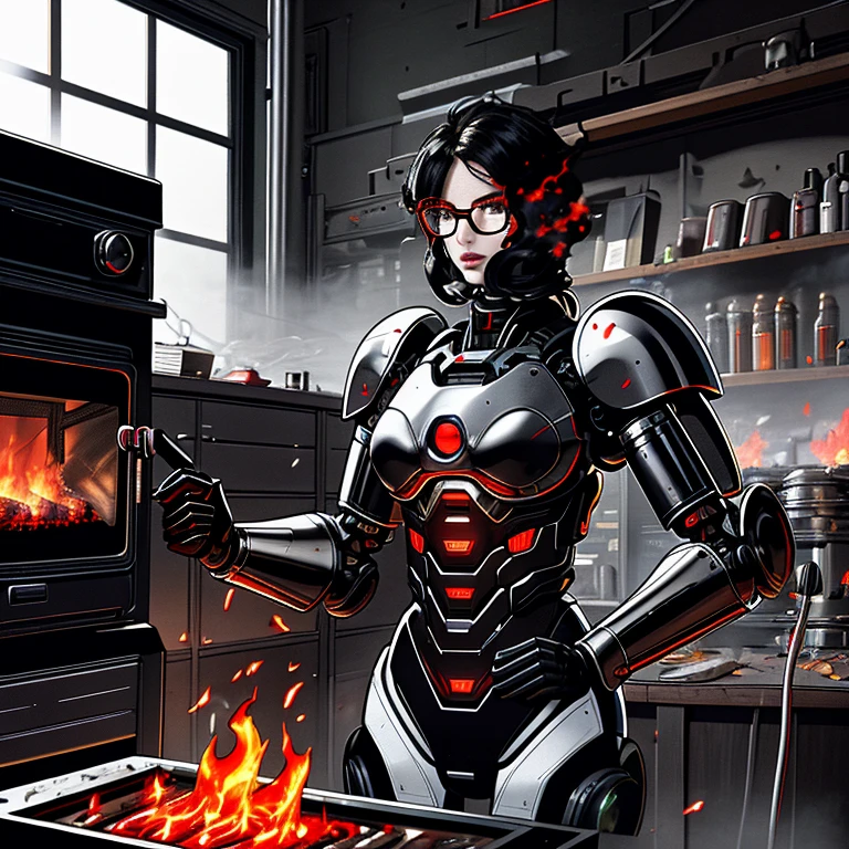 absurd resolution, high resolution, (work of art: 1.4), hiper-detalhe, and moss, black armour, large warehouse, eyes open, red glasses, From front to lens, fire, body heat from electric stove, robotic arm with flames and white smoke in its hands