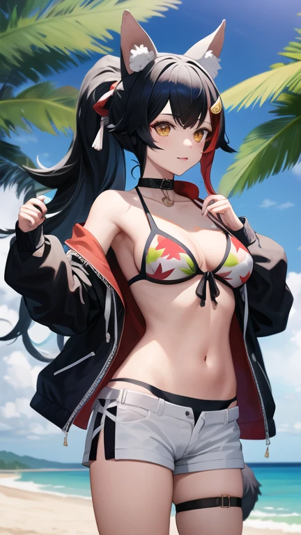 masterpiece, best quality, highres, miosha1, hair ornament, ponytail, wolf tail, swimsuit, white shorts, thigh strap, black jacket, leaf print, collar, string bikini, beach, cowboy shot, standing,