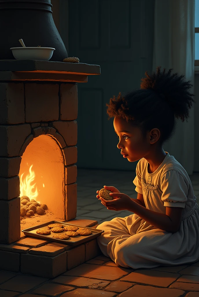A warm and tender moment between a girl (the narrator) and his maternal grandmother. the grandmother, a strong and resilient figure, She is kneeling next to an oven chimney and next to her is a tray of cooked cookies., Late at night, She is baking cookies. The firelight softly illuminates the room, projecting warm tones on their faces. The girl, sitting next to him, He looks at his grandmother with admiration and love, holding a piece of a freshly baked cookie. In the background, You can feel the fatigue and hard work, perhaps with the faint outline of the rest of the house in the dark, indicating the late hour. The atmosphere should evoke feelings of both warmth and sadness., highlighting the grandmother's strength and hope despite the heavy burden of slavery.
This image would capture both love and resilience in the face of adversity.