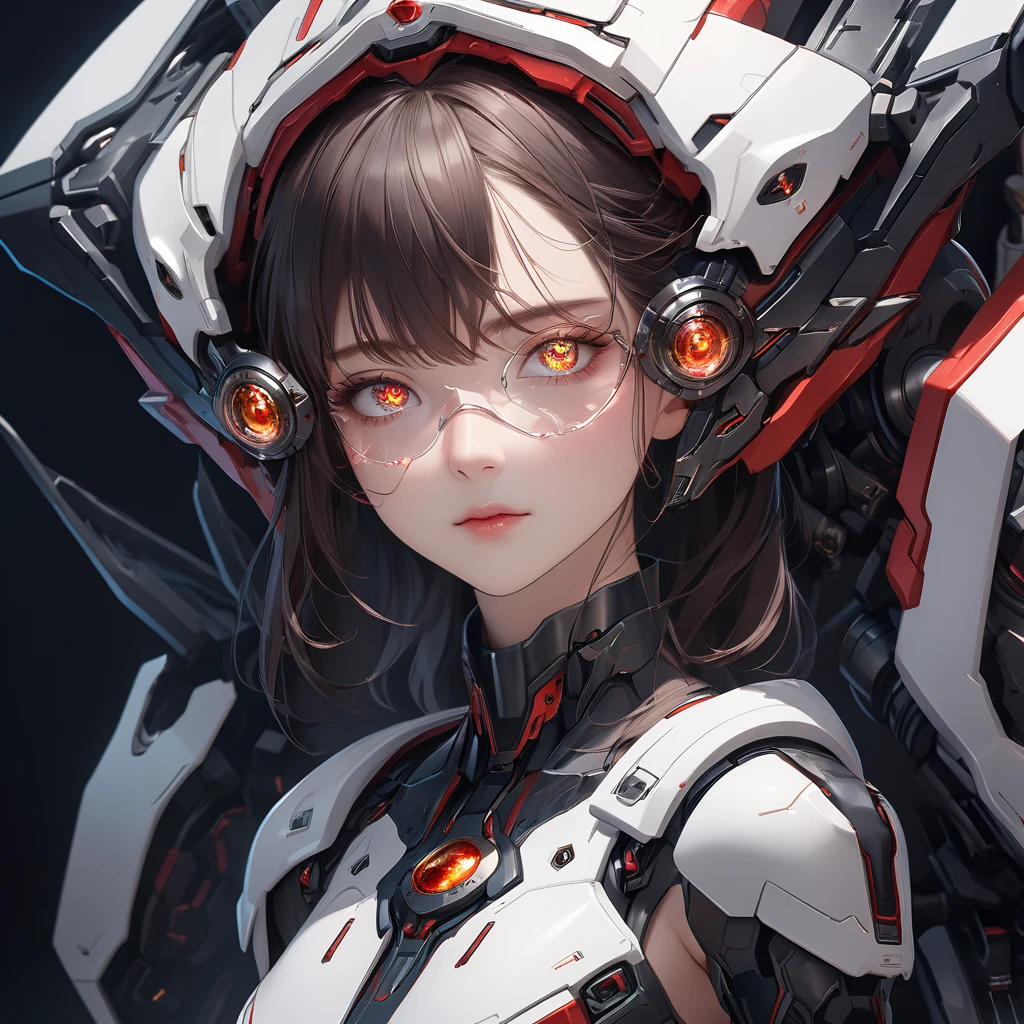 8K, Dark_Fantasy, delicate face, (delicate glass pupil: 1.5), standing full body portrait, black in one eye, red in one eye, 1 person, mechanical miracle, robot presence