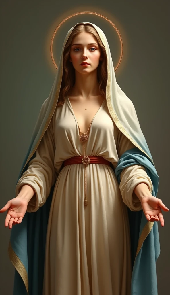 Beautiful young Virgin Mary with open arms looking down at the camera、、Reddish beige tunic、Light blue cloak and veil、sexy